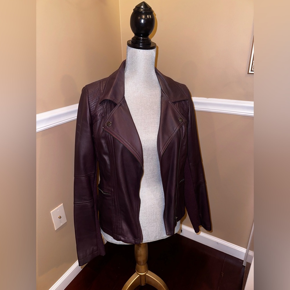 Barely worn, deep color wine leather jacket